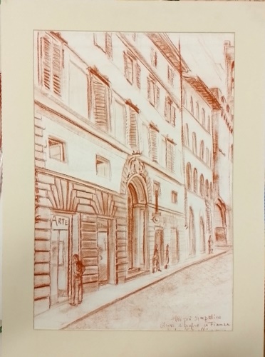 Disegno originale a matita rossa di uno scorcio di strada fiorentina. Via Ghibel