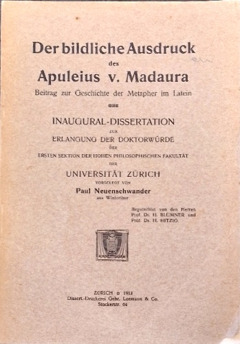 Der bildliche Ausdruck des Apuleius von Madaura. Beitrag zur Geschichte der Meta