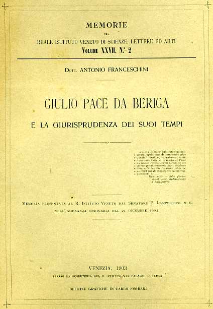 Giulio Pace da Beriga e la Giurisprudenza dei suoi tempi.